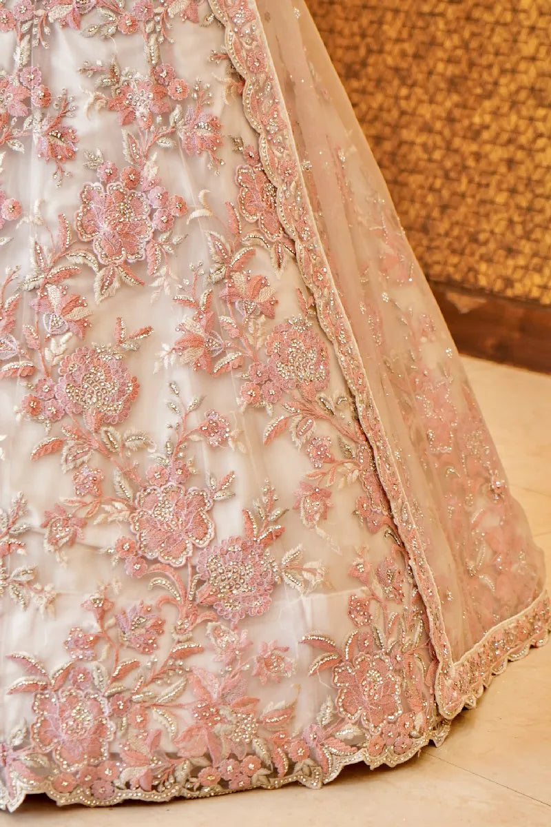 OFF WHITE COLOR RESHAM EMBROIDERY HAND WORK BRIDAL LEHENGA