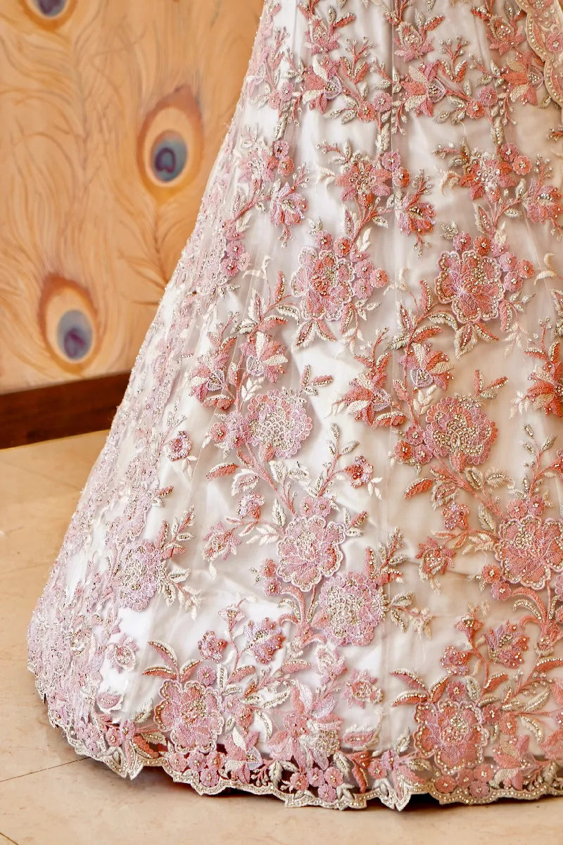 OFF WHITE COLOR RESHAM EMBROIDERY HAND WORK BRIDAL LEHENGA