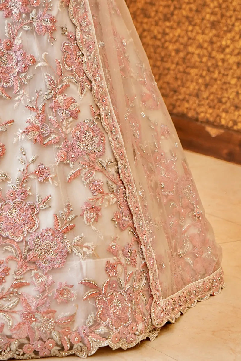 OFF WHITE COLOR RESHAM EMBROIDERY HAND WORK BRIDAL LEHENGA