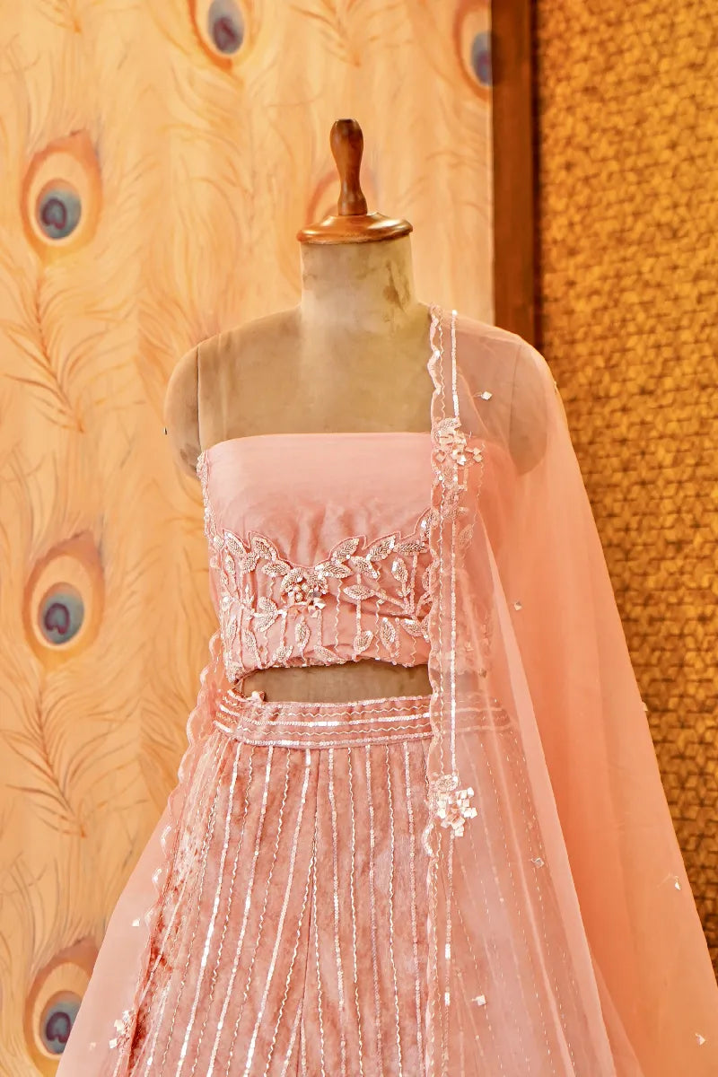 PEACH COLOR SEQUENCE AND PEARL WORK BRIDAL LEHENGA
