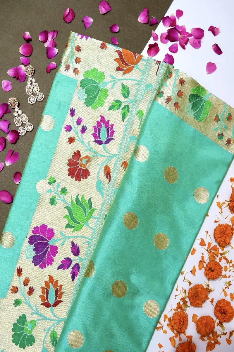 PURE HANDLOOM RICH ZARI SEA GREEN COLOR BANARASI SINGLE KATAAN  SILK SAREE