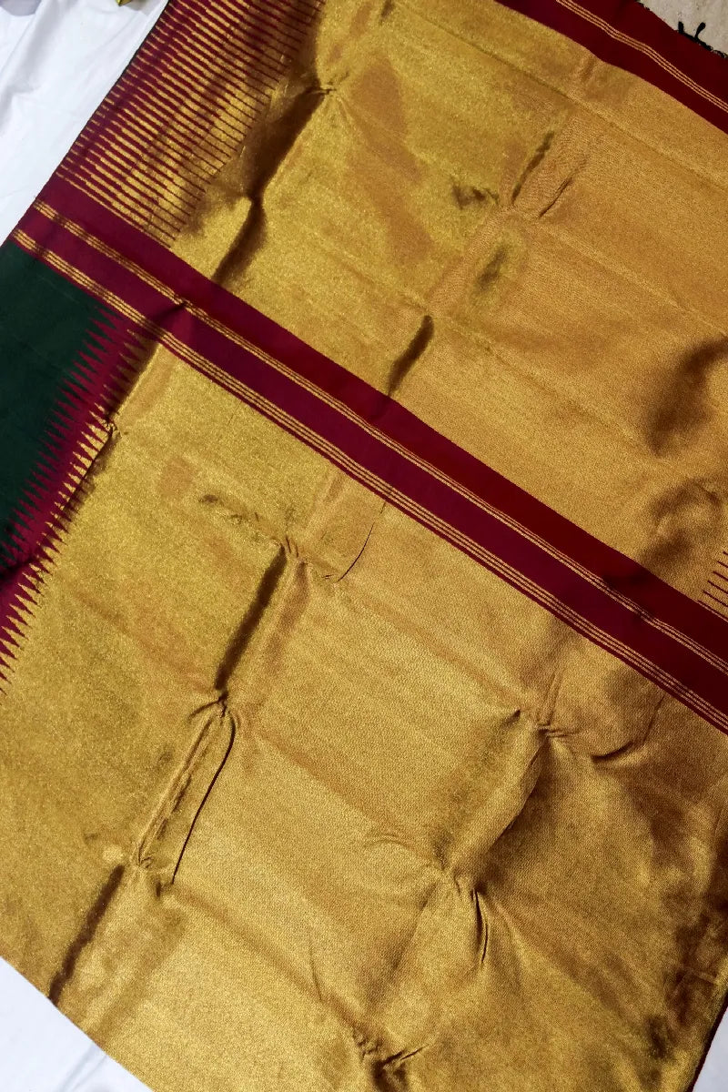 PURE HANDLOOM REAL ZARI BOTTLE GREEN COLOR KANCHIPURAM SILK SAREE