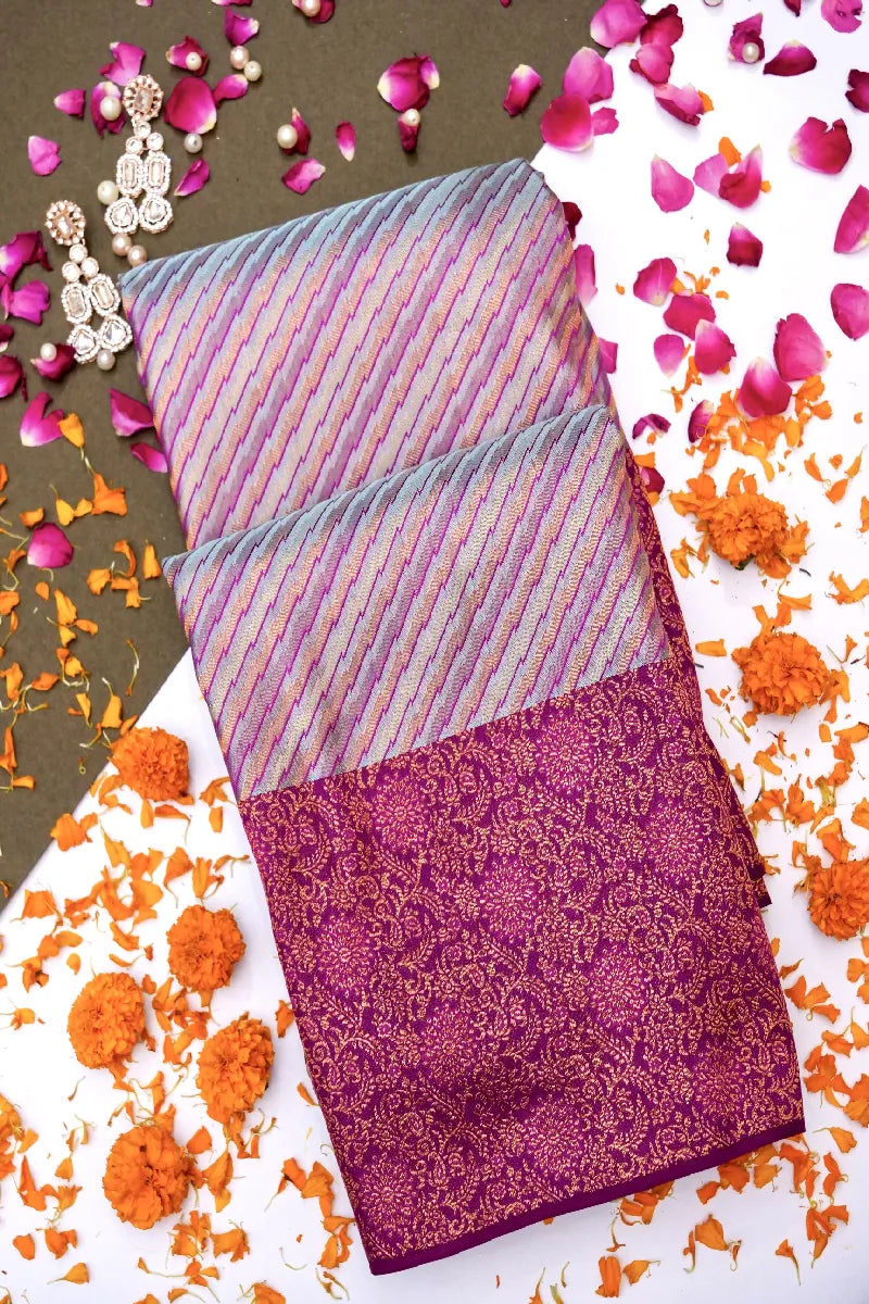 PURE HANDLOOM REAL ZARI AQUA GREEN WITH CONTRAST MAGENTA COLOR KANCHIPURAM SILK SAREE