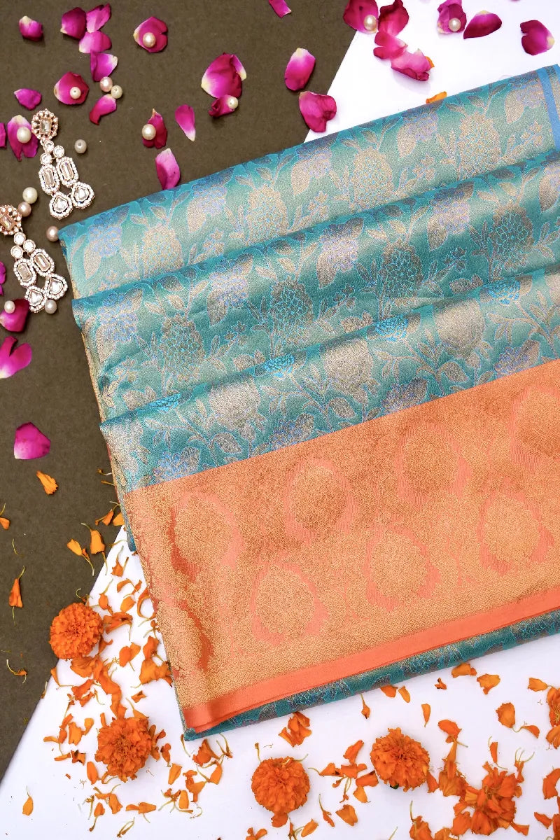 PURE HANDLOOM SEA GREEN COLOR KANCHIPURAM SILK SAREE