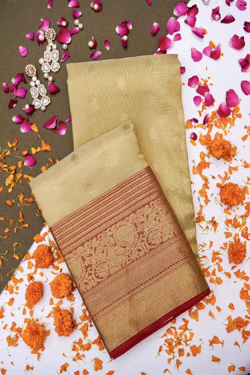 PURE HANDLOOM BUTTER GOLDEN COLOR KANCHIPURAM SILK SAREE