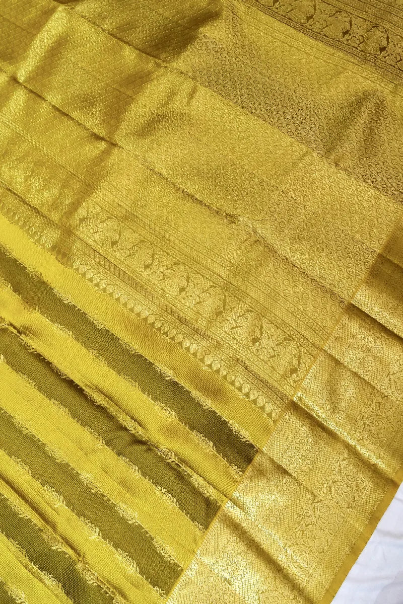 PURE HANDLOOM MEHNDI GOLDEN COLOR KANCHIPURAM SILK SAREE