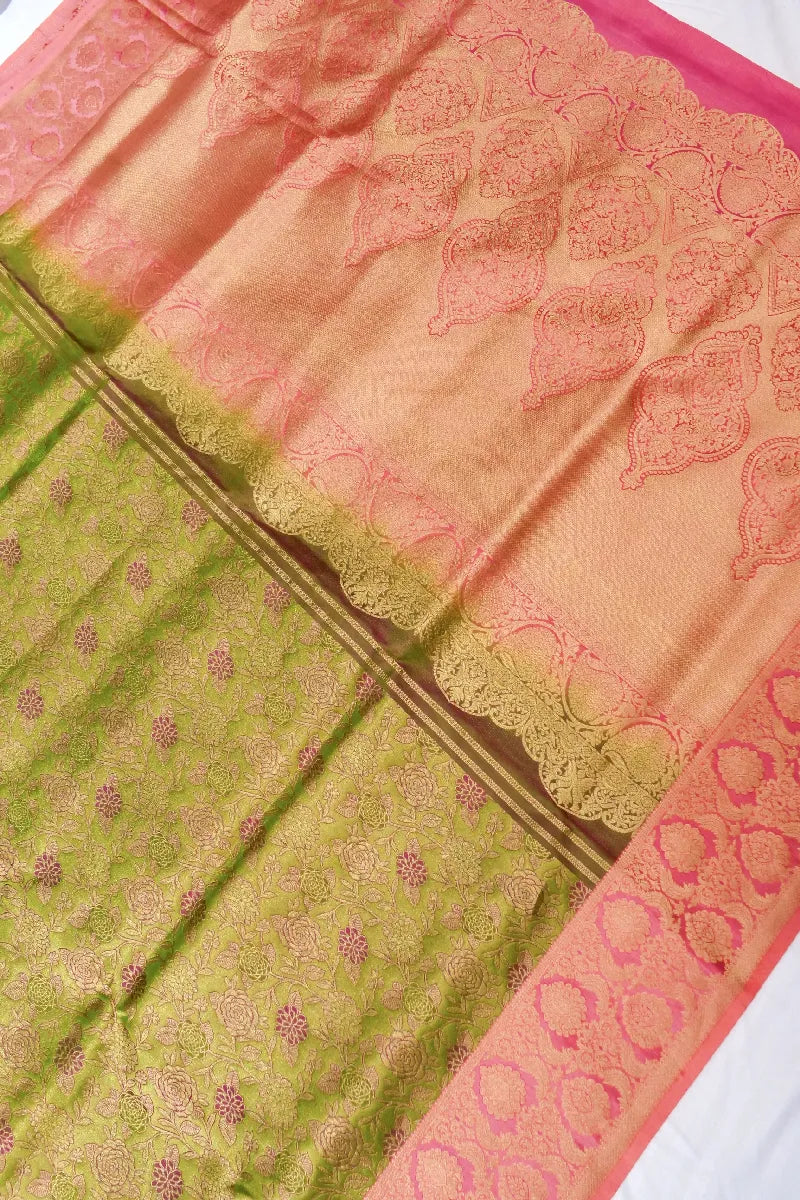 PURE HANDLOOM LIGHT MEHNDI COLOR KANCHIPURAM SILK SAREE
