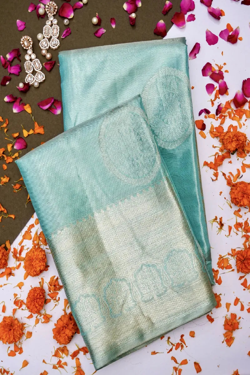 PURE HANDLOOM SEA AQUA GREEN COLOR KANCHIPURAM SILK SAREE
