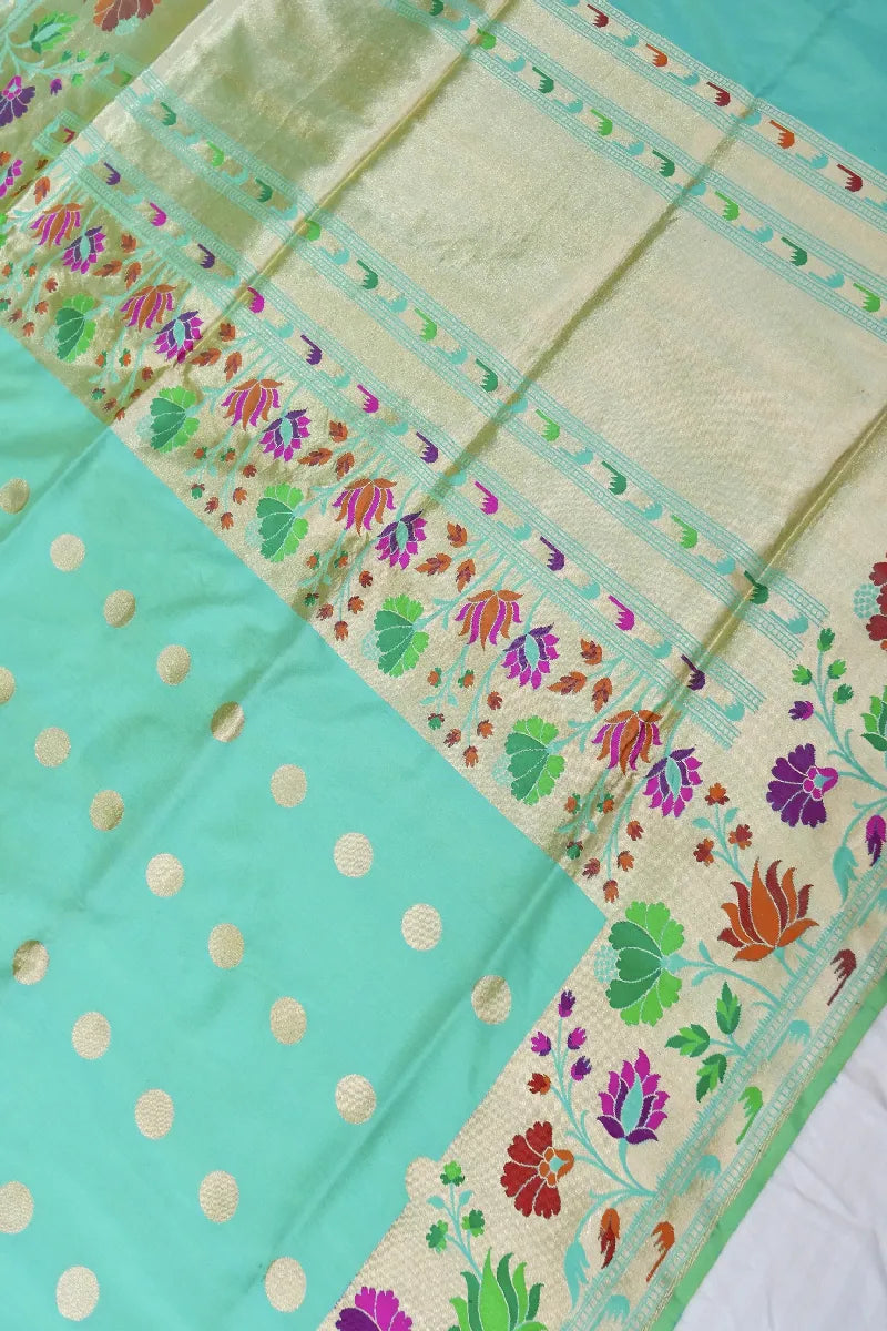 PURE HANDLOOM RICH ZARI SEA GREEN COLOR BANARASI SINGLE KATAAN  SILK SAREE