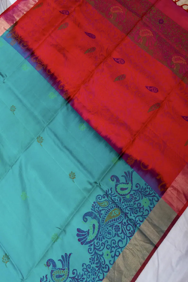 PURE HANDLOOM SEA GREEN COLOR KANCHIPURAM SILK SAREE