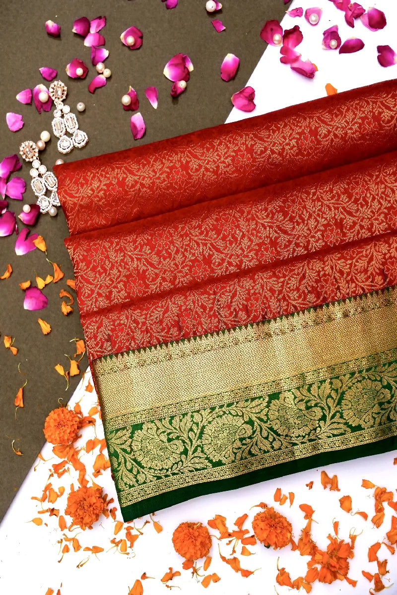 PURE HANDLOOM DARK BRICK COLOR KANCHIPURAM SILK SAREE