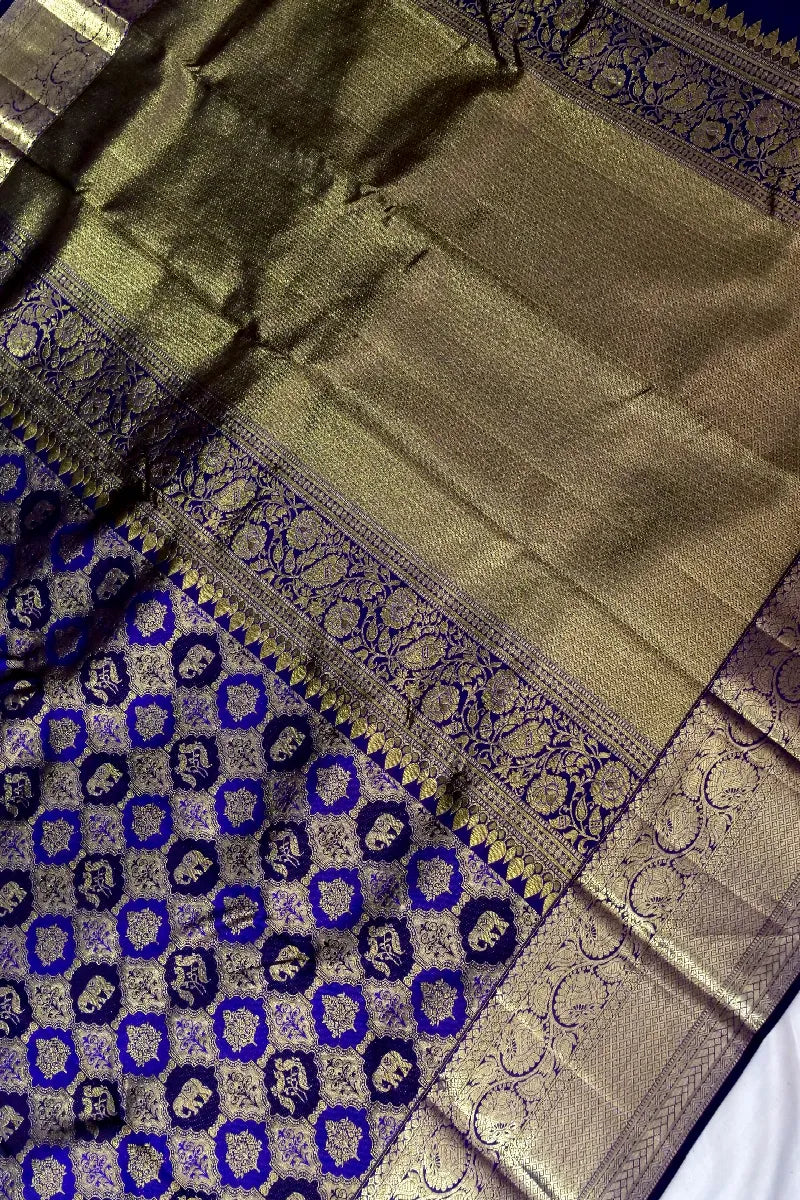 PURE HANDLOOM ROYAL NAVY BLUE COLOR  KANCHIPURAM SILK SAREE