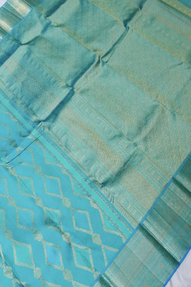 PURE HANDLOOM LIGHT FIROZI COLOR KANCHIPURAM SILK SAREE