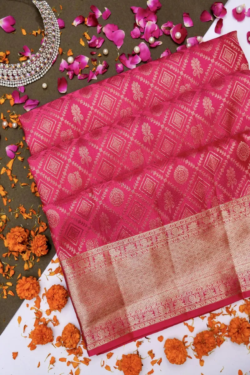 PURE HANDLOOM ROSE PINK COLOR KANCHIPURAM SILK SAREE