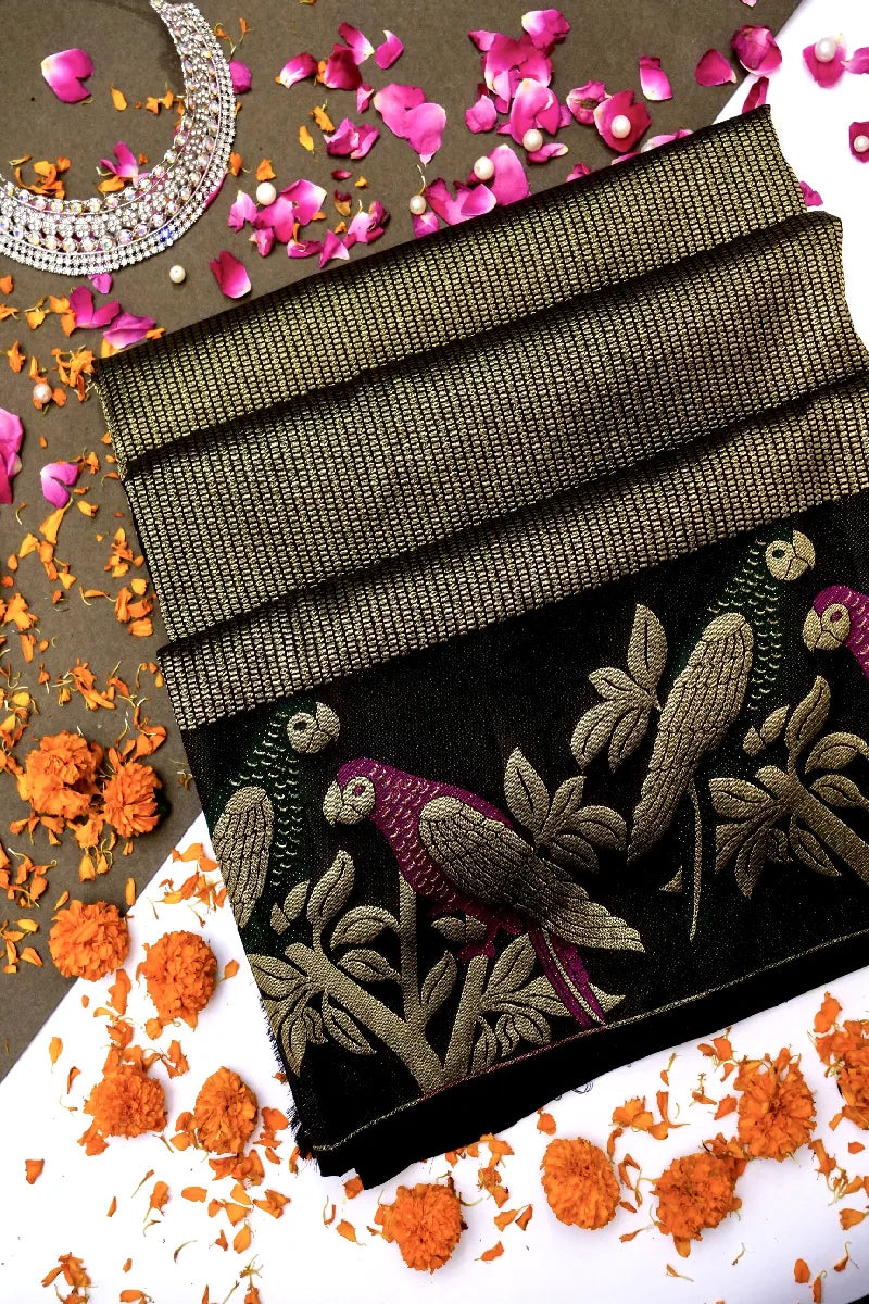 PURE HANDLOOM REAL ZARI BLACK COLOR KANCHIPURAM SILK SAREE