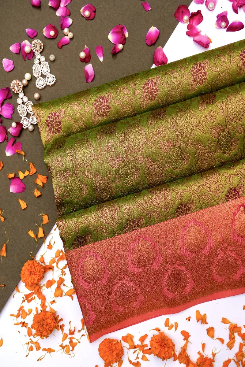 PURE HANDLOOM LIGHT MEHNDI COLOR KANCHIPURAM SILK SAREE