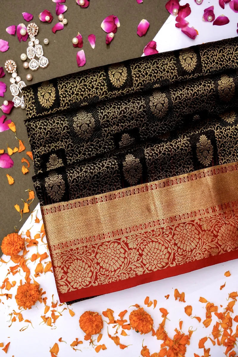 PURE HANDLOOM BLACK COLOR KANCHIPURAM SILK SAREE