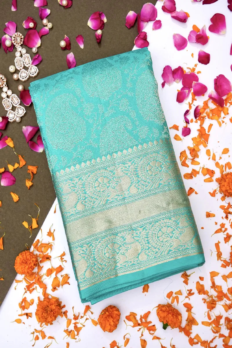 PURE HANDLOOM SEA GREEN COLOR KANCHIPURAM SILK SAREE