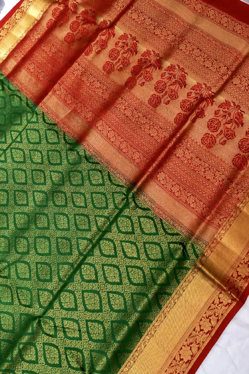 PURE HANDLOOM BOTTLE GREEN COLOR KANCHIPURAM SILK SAREE