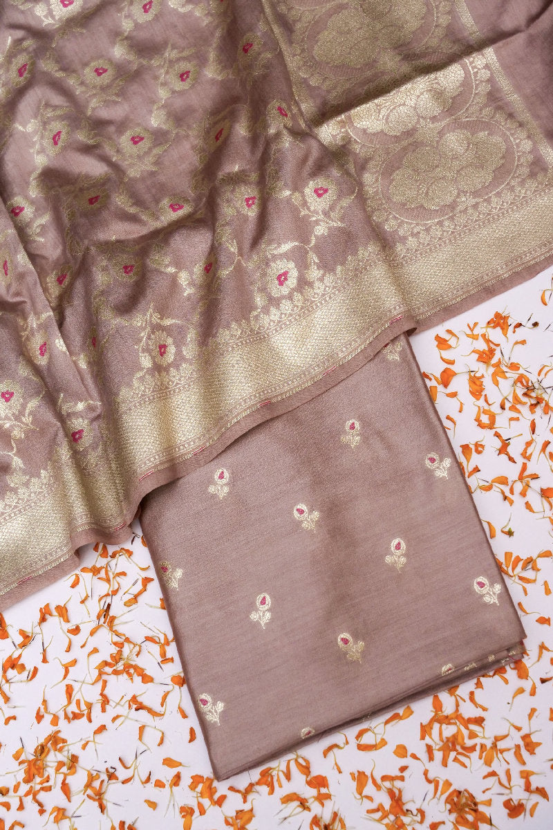 CHINIYA SILK PASTEL BROWN COLOR UNSTICHED SUIT