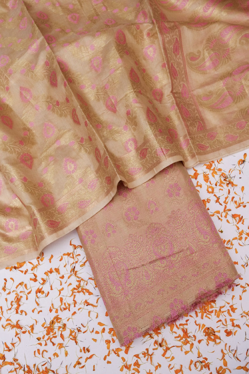 BANARASI COTTON SILK BEIGE COLOR UNSTICHED SUIT