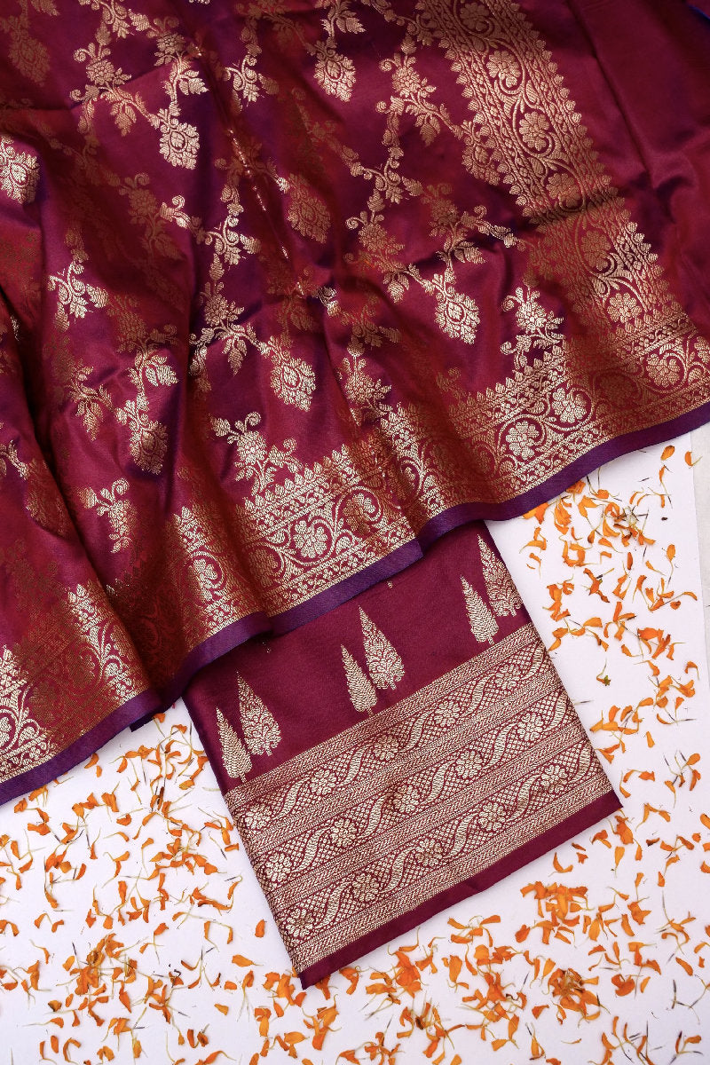 BANARASI TAFFETA SILK WINE COLOR UNSTICHED SUIT