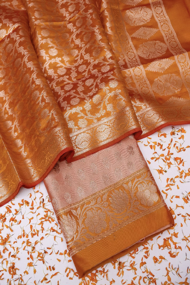 BANARASI TAFFETA SILK VAGE WITH RUST COLOR BORDER UNSTICHED SUIT
