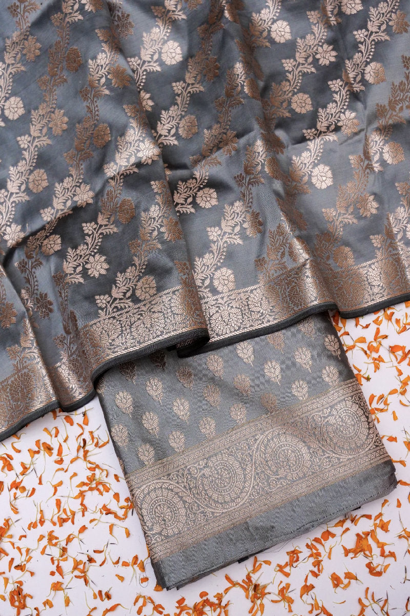 BANARASI TAFFETA SILK GREY COLOR UNSTICHED SUIT