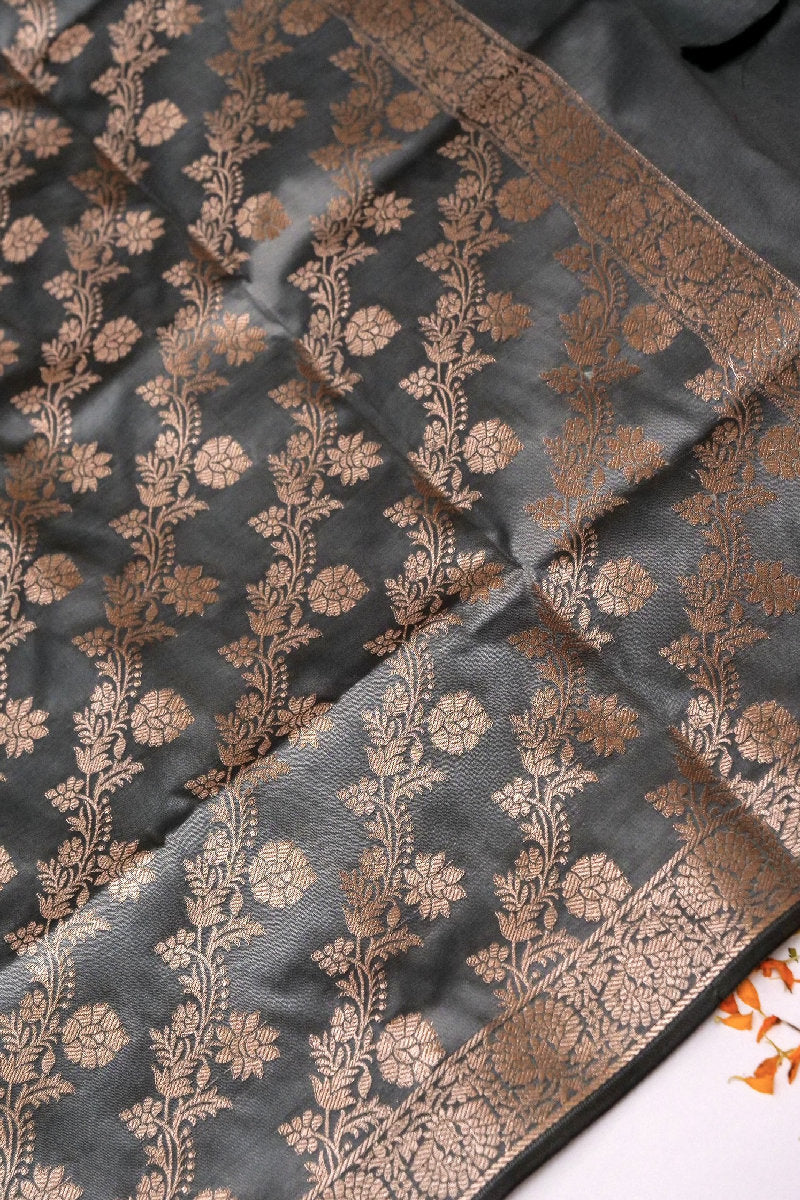 BANARASI TAFFETA SILK GREY COLOR UNSTICHED SUIT