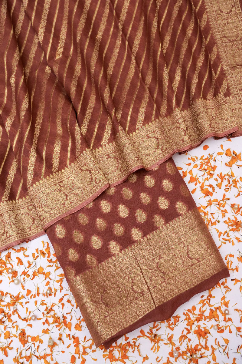 GEORGETTE BANARASI SILK DUSTY RUST COLOR UNSTICHED SUIT