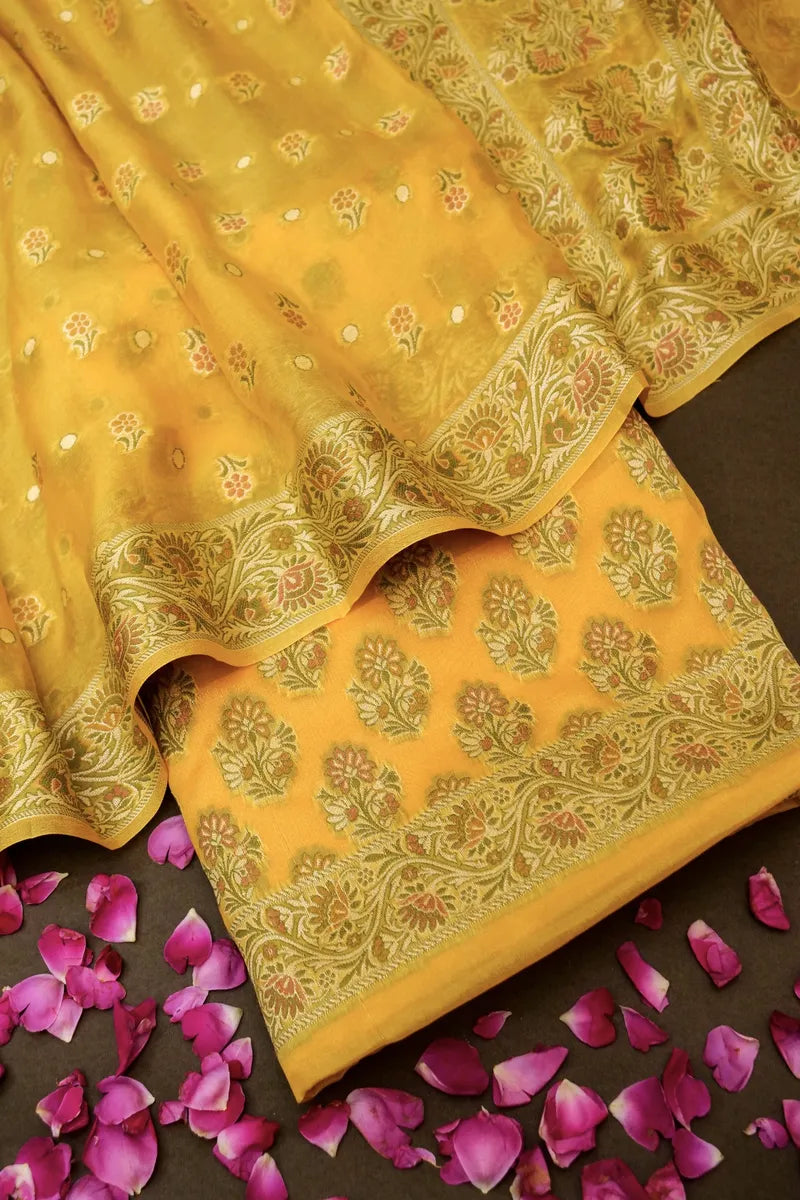 PURE BANARASI KHADDI SILK MUSTARD YELLOW COLOR UNSTICHED SUIT