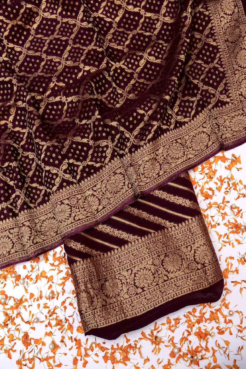 GEORGETTE BANARASI SILK DARK WINE COLOR UNSTICHED SUIT