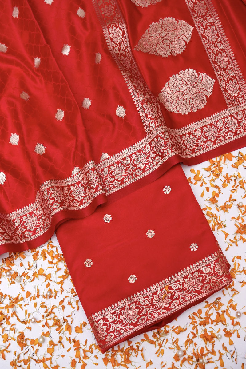 BANARASI SATIN KATTAN SILK RED COLOR UNSTICHED SUIT