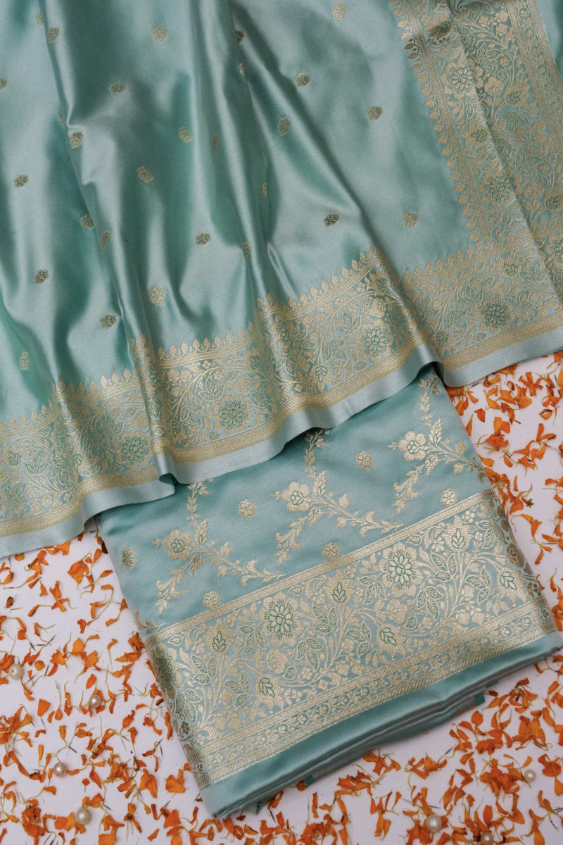 BANARASI SATIN KATTAN SILK SKY BLUE COLOR UNSTICHED SUIT