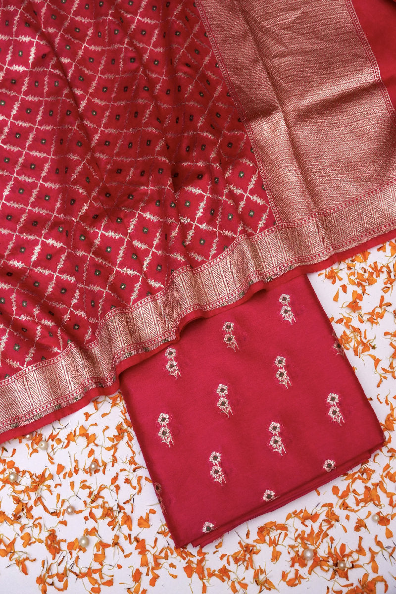 BANARASI CHINIYA SILK RED COLOR UNSTICHED SUIT