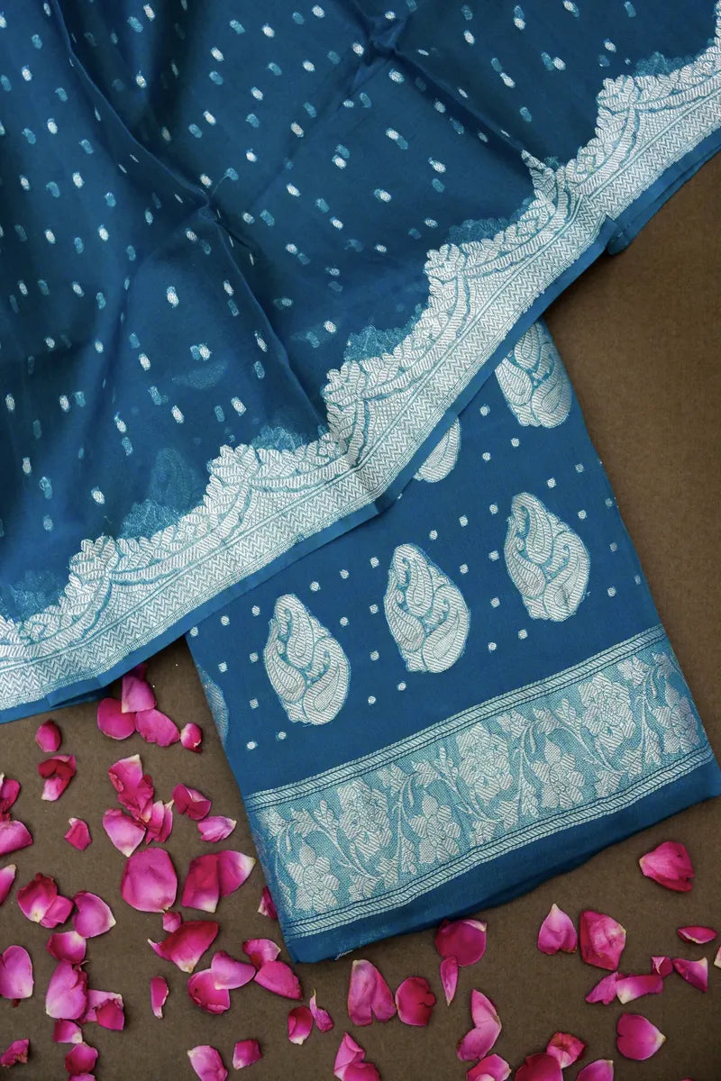 PURE CHIFFON BANARASI BLUE COLOR UNSTICHED SUIT