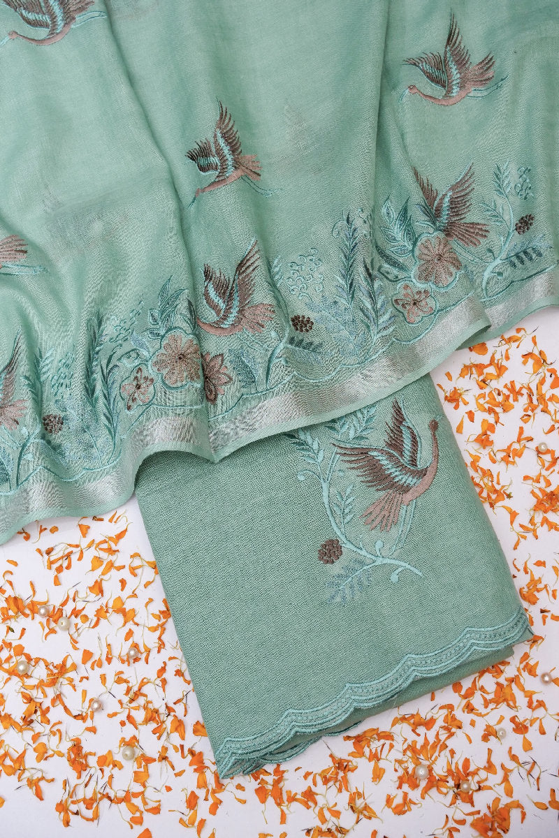 BANARASI LINEN COTTON SILK PISTA GREEN COLOR UNSTICHED SUIT