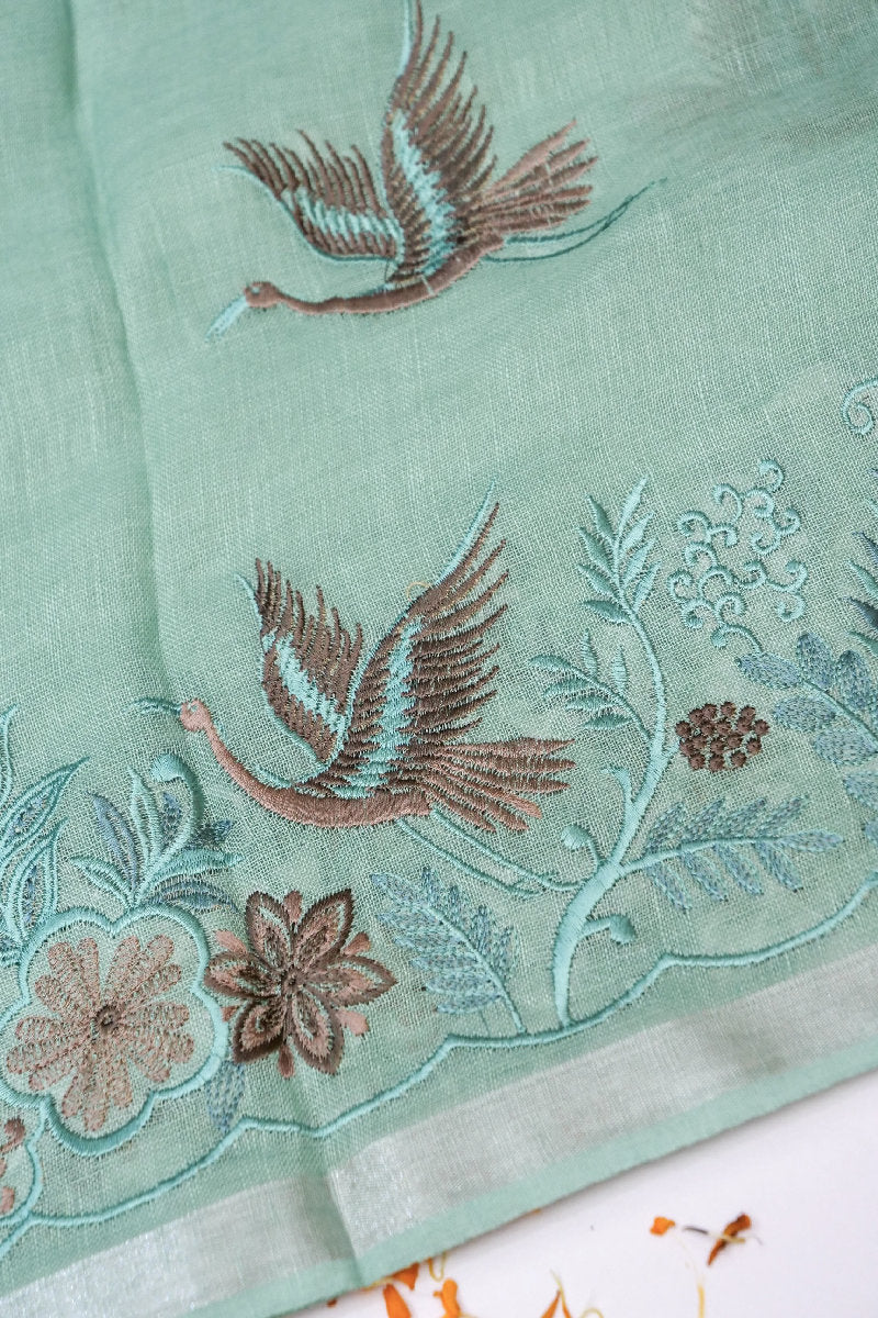 BANARASI LINEN COTTON SILK PISTA GREEN COLOR UNSTICHED SUIT