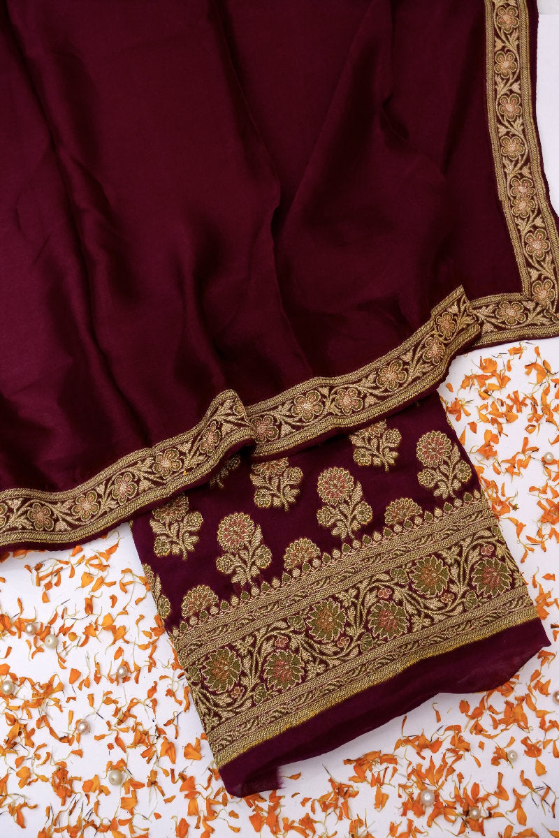 BANARASI KHADDI SILK WINE COLOR UNSTICHED SUIT
