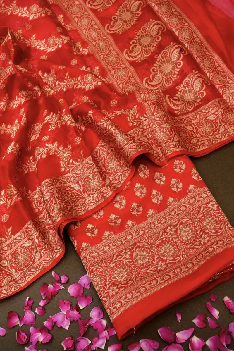 PURE BANARASI KHADDI SILK RED COLOR UNSTICHED SUIT