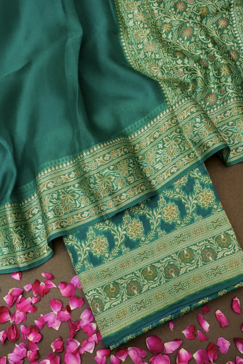 PURE BANARASI KHADDI SILK RAMA GREEN COLOR UNSTICHED SUIT
