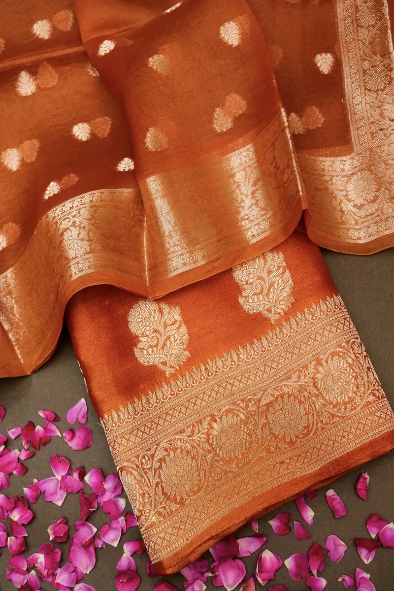 PURE RAW BANARASI SILK RUST COLOR UNSTICHED SUIT