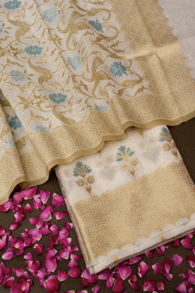 PURE CHANDERI SILK OFF WHITE COLOR UNSTICHED SUIT