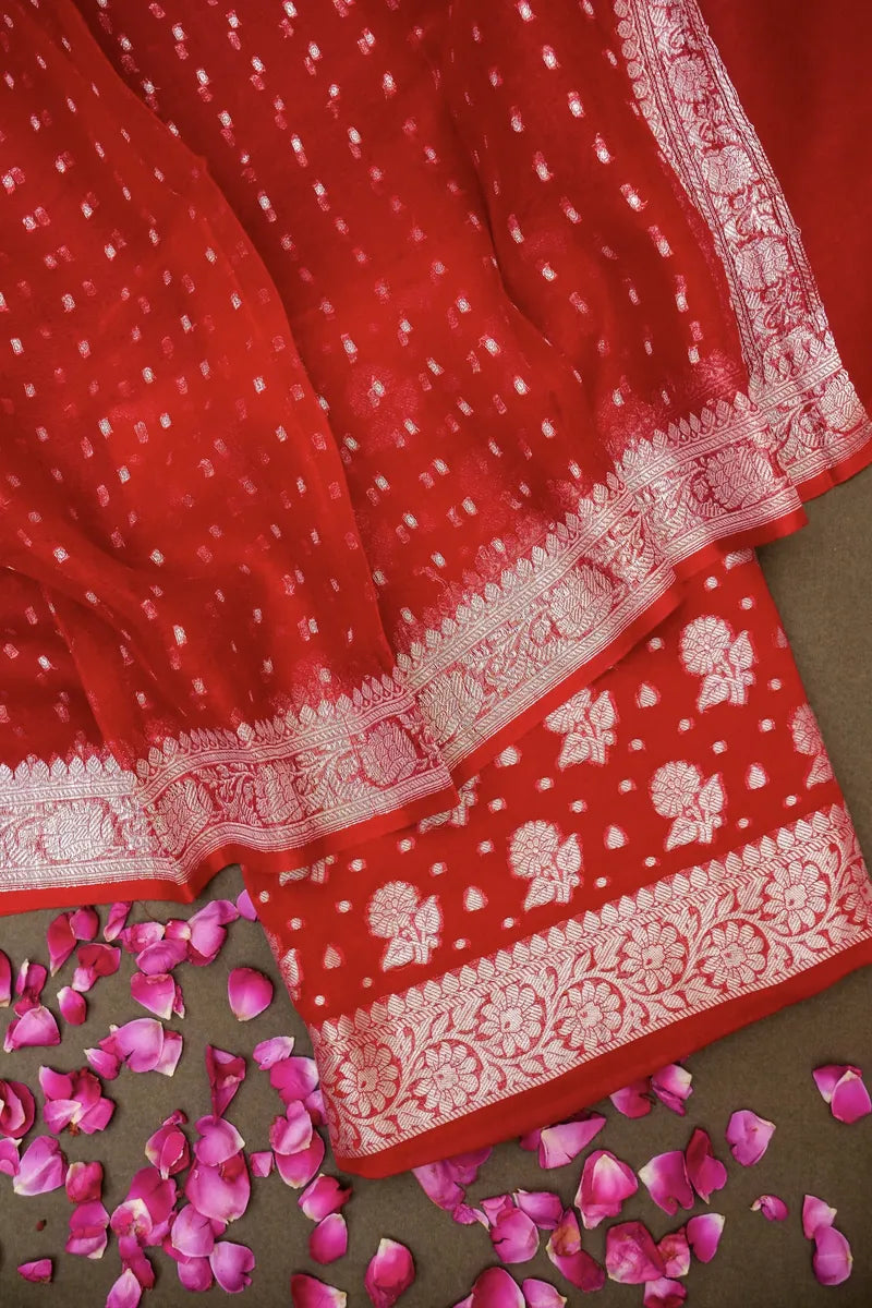PURE CHIFFON BANARASI RED COLOR UNSTICHED SUIT