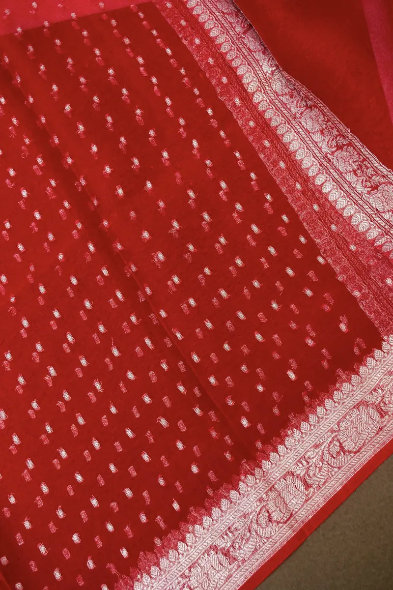 PURE CHIFFON BANARASI RED COLOR UNSTICHED SUIT