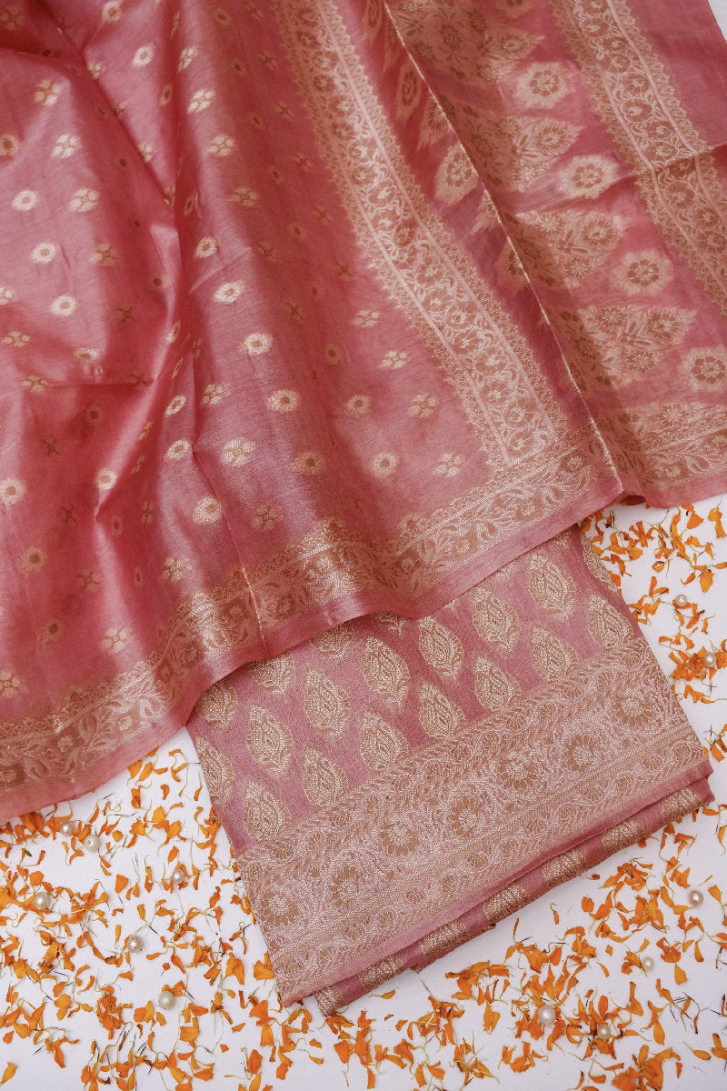 BANARASI TUSSAR SILK DARK ONION PINK COLOR UNSTICHED SUIT