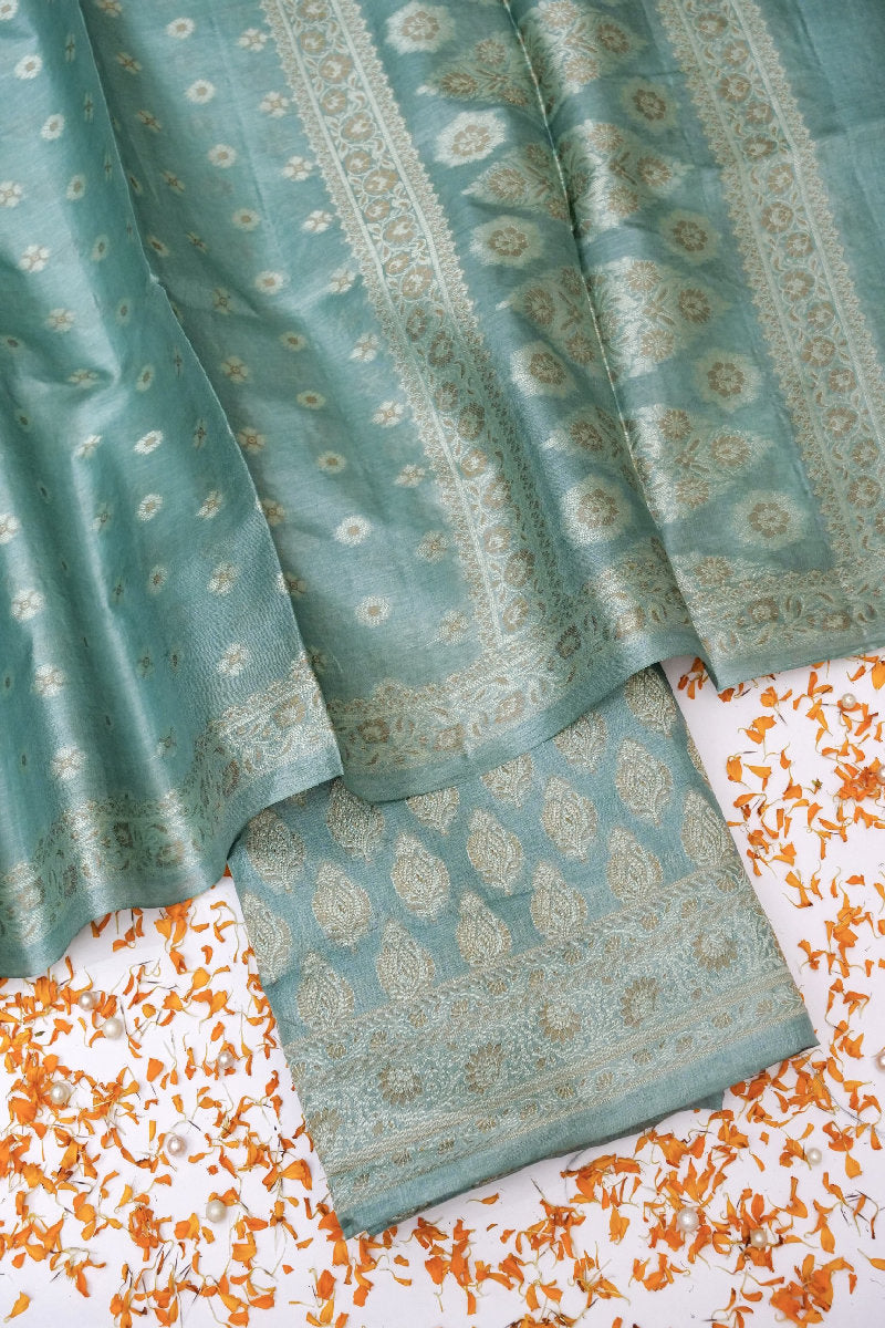 BANARASI TUSSAR SILK PASTEL GREY COLOR UNSTICHED SUIT