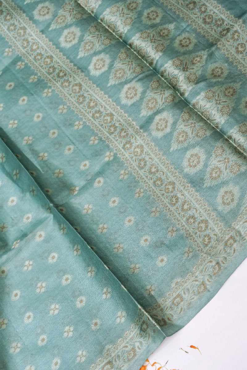 BANARASI TUSSAR SILK PASTEL GREY COLOR UNSTICHED SUIT