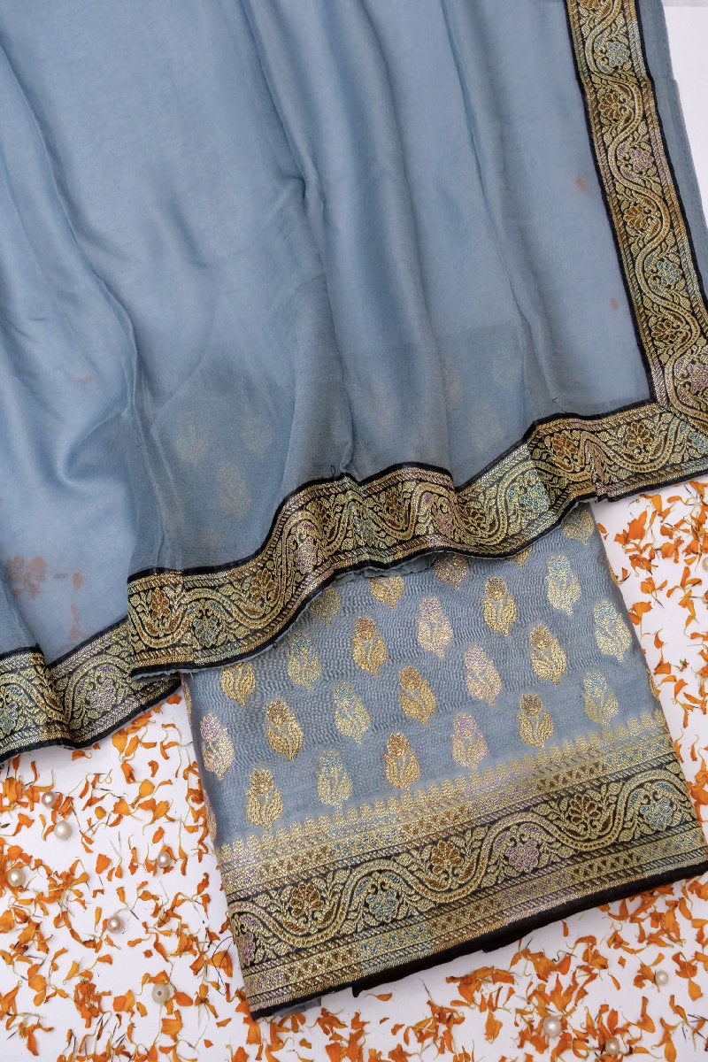 BANARASI BUTTER SILK GREY BODY WITH BLACK BORDER COLOR UNSTITCHED SUIT
