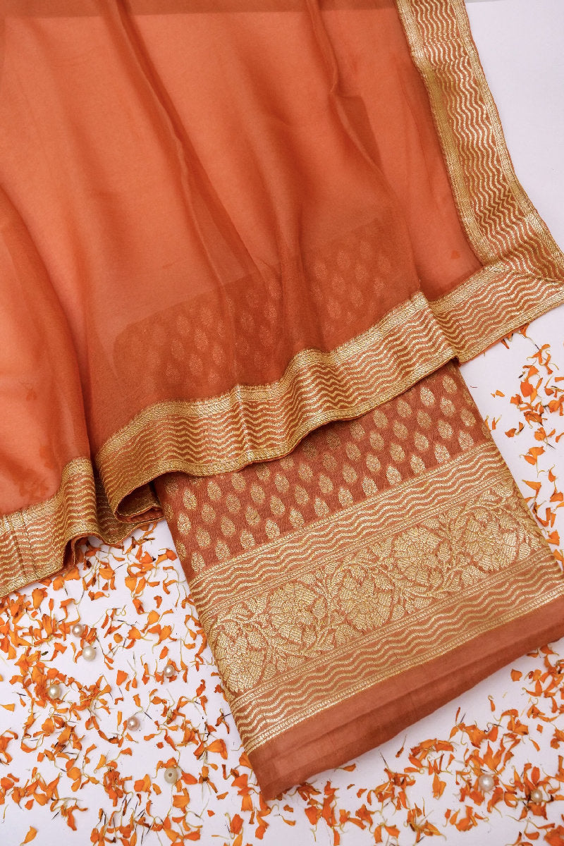 BANARASI BUTTER SILK RUST COLOR UNSTITCHED SUIT